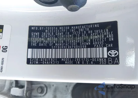2019 Toyota Corolla Le z USA, uszkodzony, nr VIN 5YFBURHE8KP884098